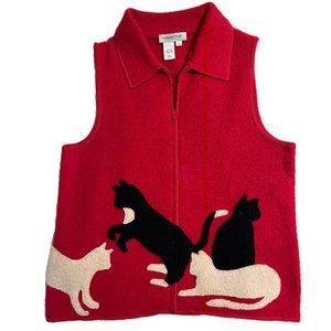 Coldwater Creek Boiled Wool Vest with Appliqued Cats Size S